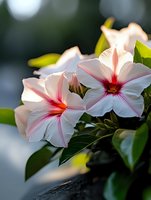 Delicate pink and white Madagascar periwinkle flowers in bloom with vibrant red centers against blurred natural background, showcasing detailed petals and green foliage.