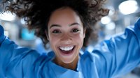 Young African American woman with curly hair expressing pure joy and excitement while wearing blue clothing, captured in close-up with natural lighting and bokeh background.