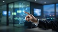 Businessman touching futuristic holographic interface with financial data charts and graphs in modern office environment for technology presentations.