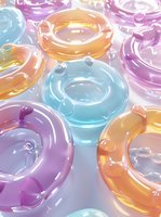Colorful glass or acrylic rings in pastel pink, blue, and orange tones with glossy reflective surfaces arranged in abstract composition on light background.