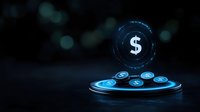 Glowing digital dollar symbol floating above futuristic platform with blue light effect on dark background, representing digital currency and financial technology.