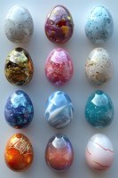 Colorful decorative eggs with marble, metallic, and abstract patterns arranged in rows on light background. Artistic Easter design elements for seasonal decor.