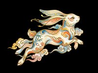 Leaping rabbit with ornate Asian folk art patterns, clouds, and floral motifs, isolated on transparent background. For T-shirts, stickers, sublimation, and print on demand.