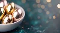 Decorative golden Easter eggs with glitter pattern in white ceramic bowl against dark teal background with bokeh lights, festive holiday setting.