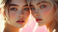 Young women with bright blue eyes and natural makeup in warm sunset lighting, close-up portrait showing glowing skin and soft expressions against pink and golden background.
