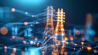 High voltage power transmission tower with glowing energy lines and bokeh lights against dark blue background, illustrating smart grid technology and power distribution.