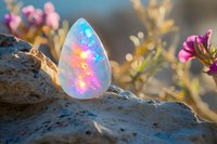 Luminous opal crystal glowing with vibrant pink and blue colors rests on natural stone at sunset, with delicate pink flowers and golden foliage in soft bokeh background.