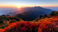 Vibrant red autumn foliage on mountain slopes during sunrise, dramatic mountain peaks silhouetted against orange sky, misty valleys and layered landscape.