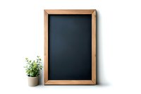 Empty blackboard with wooden frame and small potted plant on white background, ready for custom text or menu display.