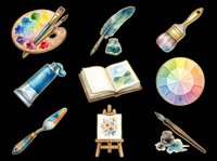 Watercolor art supplies collection isolated on transparent background, featuring paint palette, brushes, feather quill, color wheel, paint tubes, open sketchbook and easel. Ready for t-shirt design, clipart, stickers and print-on-demand projects.