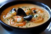 Creamy seafood chowder with fresh shrimp, scallops, mussels and potatoes in black ceramic bowl, garnished with chopped parsley and black pepper.