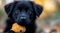 Black dog with yellow toy in mouth, blurred outdoor background with warm bokeh lighting.