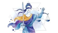 Lady Justice holding scales and sword with flowing robes in modern geometric style. Legal system symbol for law firm branding and judicial concepts.