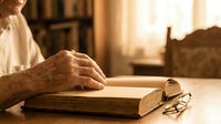 Elderly hands resting on open book with reading glasses nearby in warm sunlit room, peaceful morning reading moment for seniors and literature lovers.