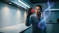 Female scientist examining test tube in modern laboratory with holographic DNA helix projection for genetic research and biotechnology applications.