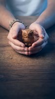Protective hands cupping small wooden owl figurine on rustic table symbolizing care, wisdom, security and mindful protection concepts.