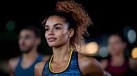 Young African American woman with curly hair smiling during outdoor evening workout session, wearing blue sports tank top, city lights bokeh in background, fitness and wellness lifestyle.