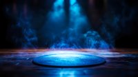 Mysterious glowing blue circle platform surrounded by ethereal smoke and dramatic lighting effects on dark background creates magical atmosphere.