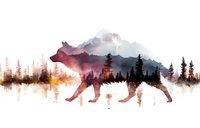 Double exposure silhouette of wolf blended with misty mountain forest landscape in purple and pink tones, artistic nature composition for wall decor.