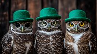 Three owls wearing bright green bowler hats pose together, their distinctive facial features and feathered patterns creating a whimsical and festive St. Patrick's Day scene.