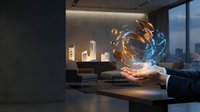 Businessman holding glowing digital sphere with orange and blue energy waves in modern office with city skyline view, representing innovation and technology solutions.