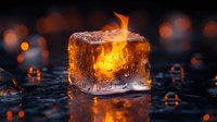 Glowing ice cube with flame on dark background with water drops and bokeh lights creates dramatic contrast between fire and ice elements.