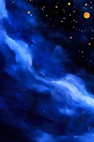 Mystical night sky with glowing blue nebula clouds and golden planets against dark space background, creating ethereal cosmic atmosphere.