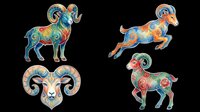 Colorful ornamental Aries ram zodiac clipart set, isolated on transparent background, ready for stickers, t-shirt design, print on demand, and sublimation projects.