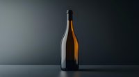 Empty dark glass wine bottle silhouetted against moody gradient background with dramatic lighting and reflective surface, suitable for premium beverage marketing.