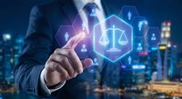 Professional businessman touching digital justice scale interface with legal icons and network connections against city skyline background at night.