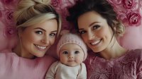 Two young women with baby girl surrounded by pink roses creating warm family portrait for motherhood and friendship celebration.