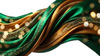 Abstract flowing waves in emerald green and gold with glitter sparkles on white background for luxury design projects and festive decorations.