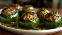 Stuffed round zucchini with seasoned meat filling garnished with fresh herbs and spices in olive oil sauce on white ceramic plate, appetizing Mediterranean dish.