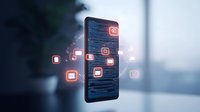 Smartphone displaying digital media icons floating in air with glowing red interface, representing social connectivity and mobile technology applications.