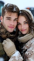 Young couple enjoying winter weather outdoors, with snow in their hair and warm scarves, sharing intimate moment while smiling at camera. Perfect for seasonal advertising.