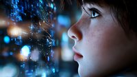 Young woman gazing at futuristic digital network with glowing data streams and circuit patterns. Technology innovation concept for AI and digital transformation.