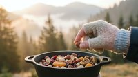 Hiker in warm gloves holding cast iron pot with mixed nuts over mountain landscape at sunrise, outdoor camping and hiking snack preparation.