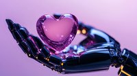 Futuristic robotic hand holding glowing pink crystal heart against purple background, representing artificial intelligence and emotional technology advancement.