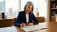 Professional mature Caucasian businesswoman in navy suit signing contract documents at modern office desk with city view background for corporate success.