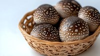 Guinea fowl eggs in woven basket isolated on white background, ready for cooking, food photography, culinary use, and kitchen design projects.