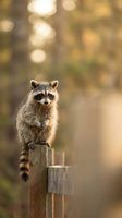 Curious raccoon perched on wooden fence post in golden autumn light with soft bokeh background creating warm natural wildlife scene.