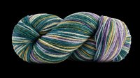 Multicolored yarn skein with teal, purple, gold, and cream stripes isolated on transparent background. Ready for crafting, knitting, crochet design projects, print-on-demand products, and sublimation applications.