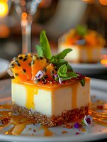 Creamy cheesecake slice with passion fruit coulis, caramel drizzle and cookie crumb base garnished with fresh mint leaves and edible flowers on white plate.