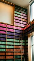 Modern library interior with colorful rainbow books arranged on tall wooden shelves with ladder for academic research and education.