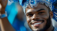Young African American male performer with bright smile wearing ornate blue feathered carnival headdress during festival celebration against blurred background.