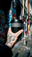 Hand holding takeaway coffee cup with black lid against vibrant graffiti wall backdrop. Tattooed arm visible. Urban street scene for beverage, lifestyle, and city culture marketing.