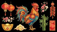 Colorful rooster with red lanterns, bamboo, and gold coins isolated on transparent background. Ready for t-shirt design, clipart, stickers, sublimation, and print-on-demand products.