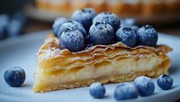 Fresh blueberries on flaky custard pie slice dusted with powdered sugar, served on light plate with soft focus background, macro food photography.