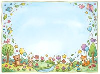 Whimsical children's border frame with teddy bear, fox, kites, balloons, flowers, and trees on light blue background, isolated on white for greeting cards, invitations, and educational materials.
