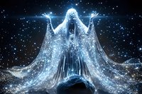 Mystical glowing female spirit figure with outstretched arms emanating ethereal light and sparkles against dark starry background, creating magical atmospheric scene.